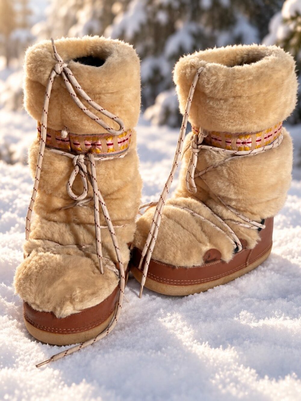 Vintage Faux Fur Moon Boots Beige Tan Fluffy Snow Boots
